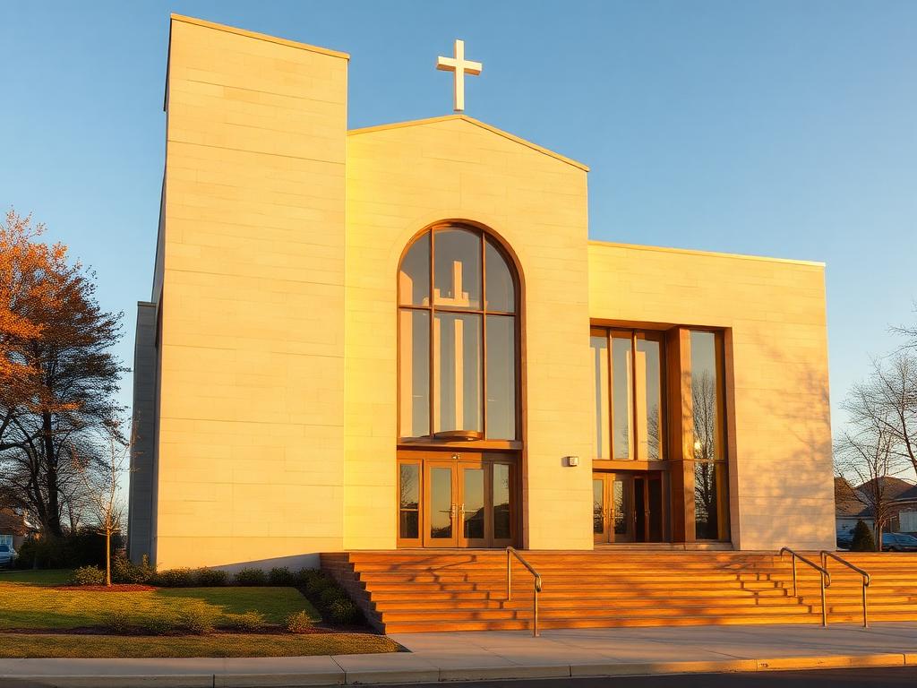 Modern church building at golden hour